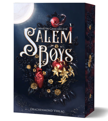 In der Mitte des Covers  steht der Titel in großen weißen Buchstaben. Darum herum ist ein Gebilde aus schwarzen und goldenen Blumen, aus denen ein roter Apfel und ein rotes anatomisches Herz herausstechen. In der oberen linken Ecke leuchtet ein Vollmond.